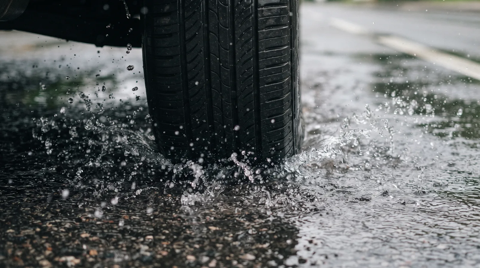 Close-up of a car tyre rolling through standing water on a wet road, the tread channelling water out to the sides