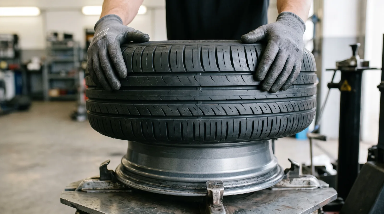 A technician's hands lowering a new tyre onto an alloy wheel on a tyre-fitting machine in a workshop