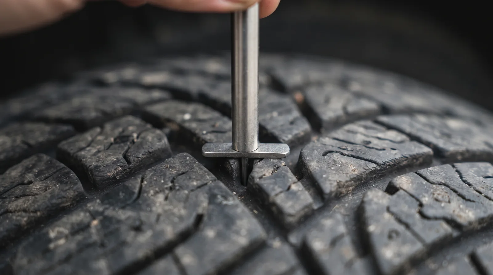 A tread depth gauge pressed into the groove of a car tyre