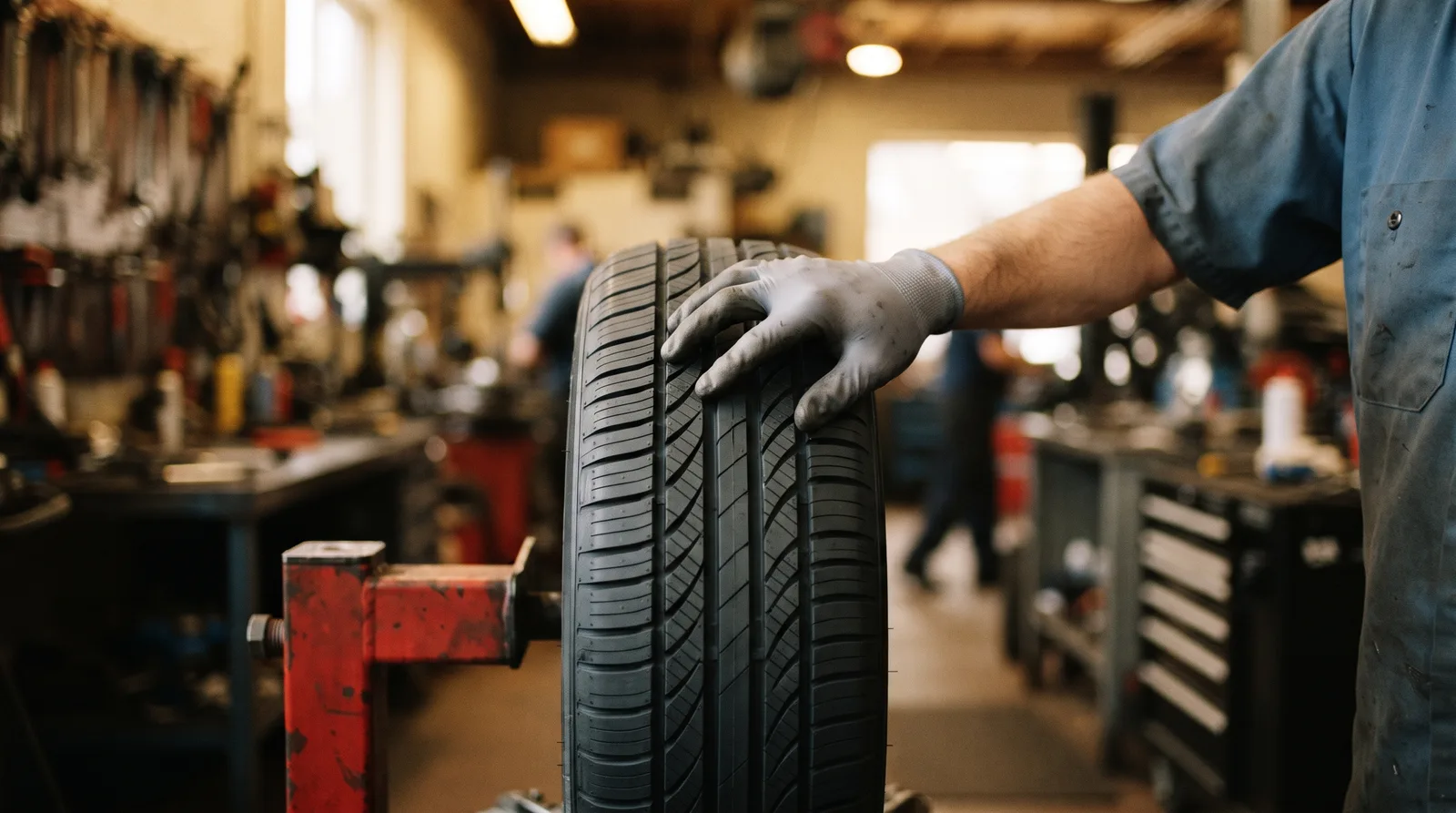 A gloved hand running along the tread of a new car tyre on a workshop stand