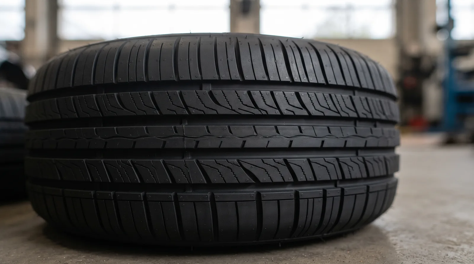 Close-up of the tread of a new performance car tyre with straight grooves and fine sipes