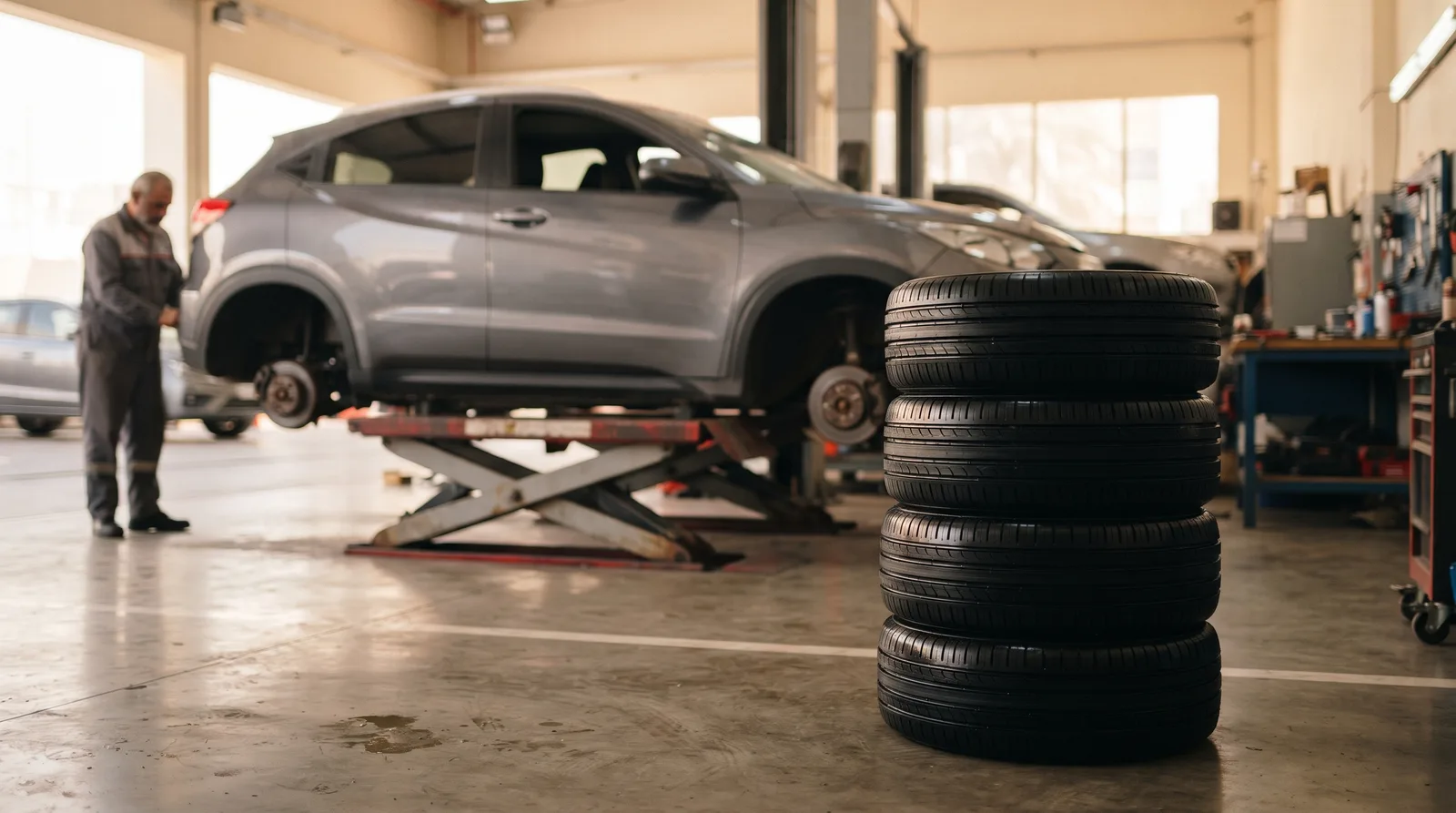 Four new tyres stacked beside a crossover in a modern tyre workshop