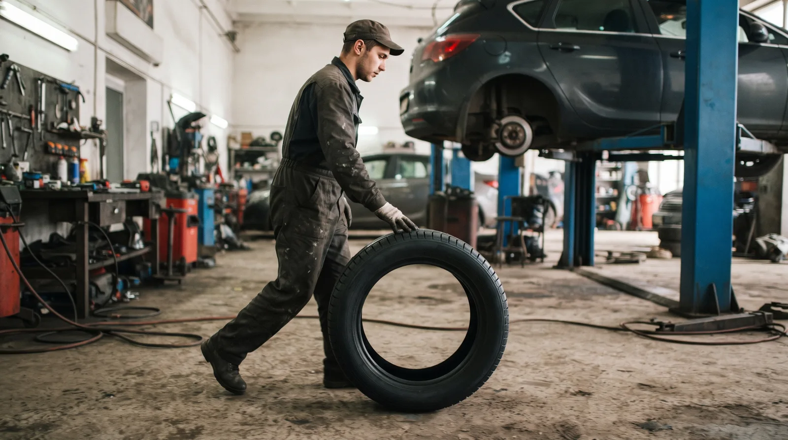 A mechanic rolling a new tyre towards the rear wheel of a car raised on a workshop lift
