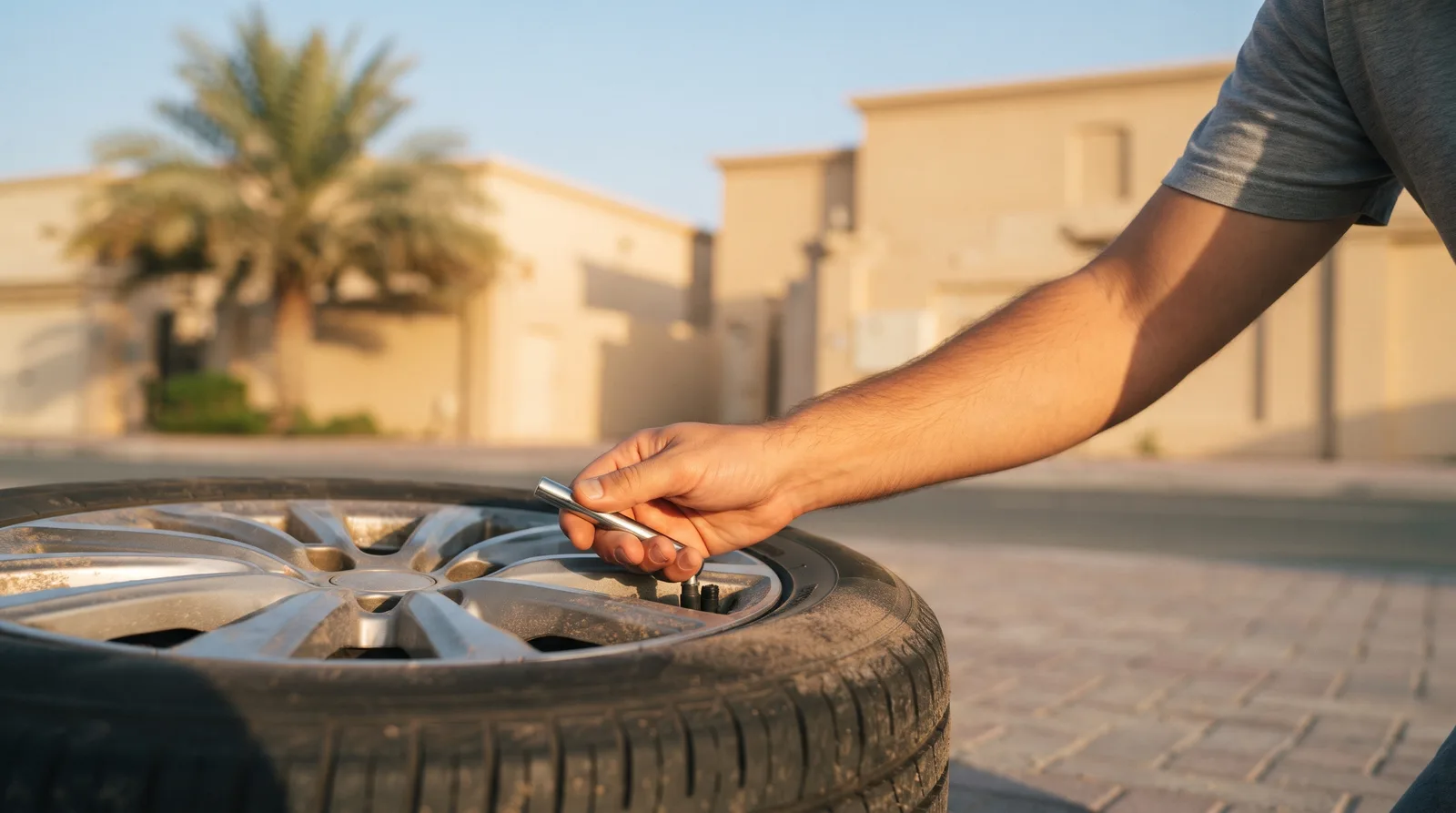 A hand holding a pencil-type pressure gauge to the valve of an alloy wheel outside a villa in the early-morning sun, a palm tree behind