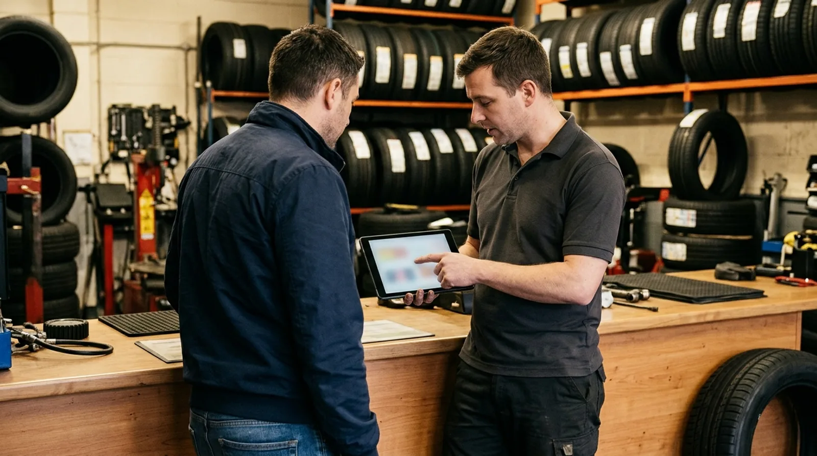 A customer and a tyre-shop advisor looking together at a tablet at the counter of a tyre shop
