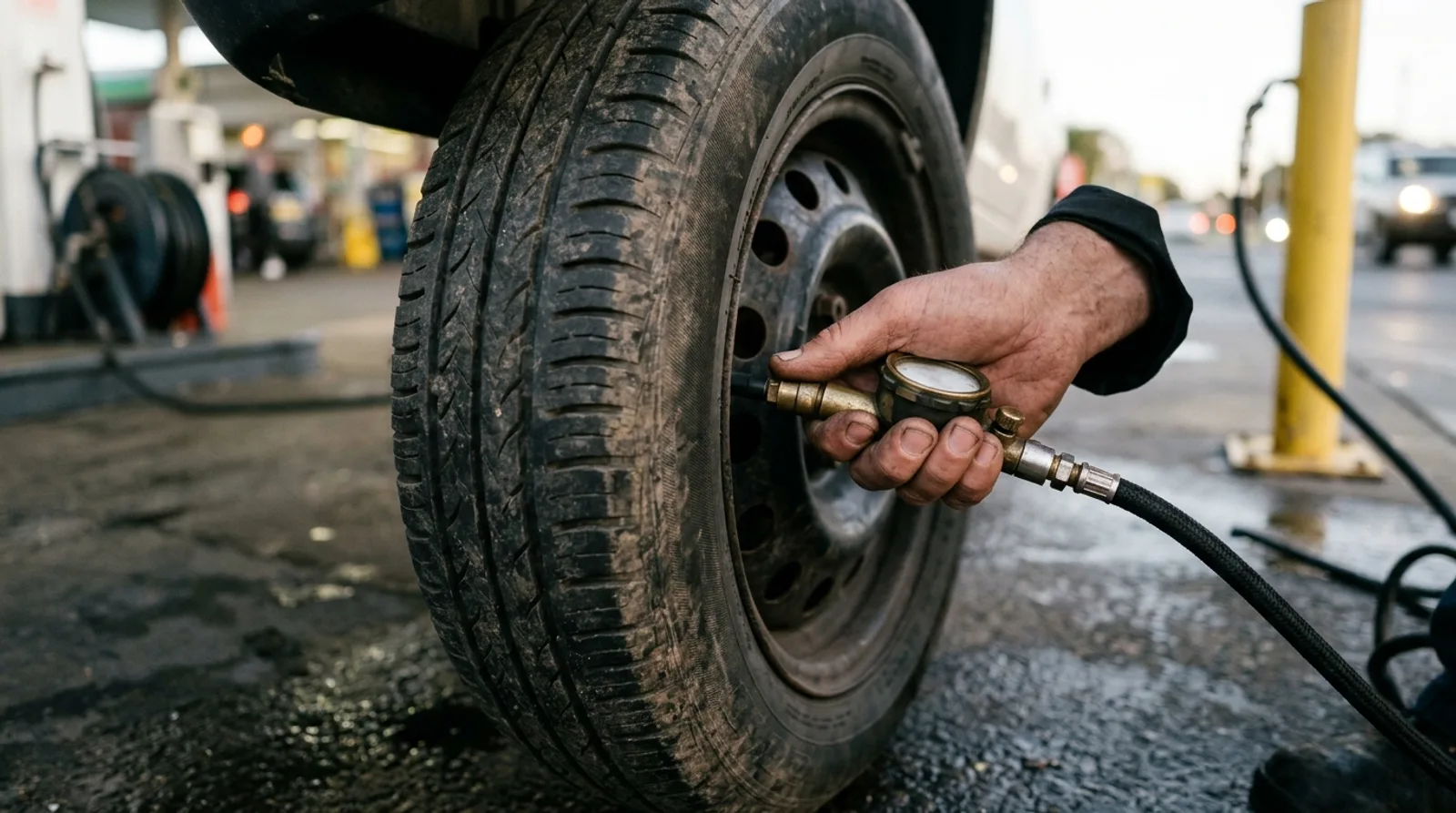 Hands pressing a pressure gauge onto a tyre valve at a petrol station air line in the early morning