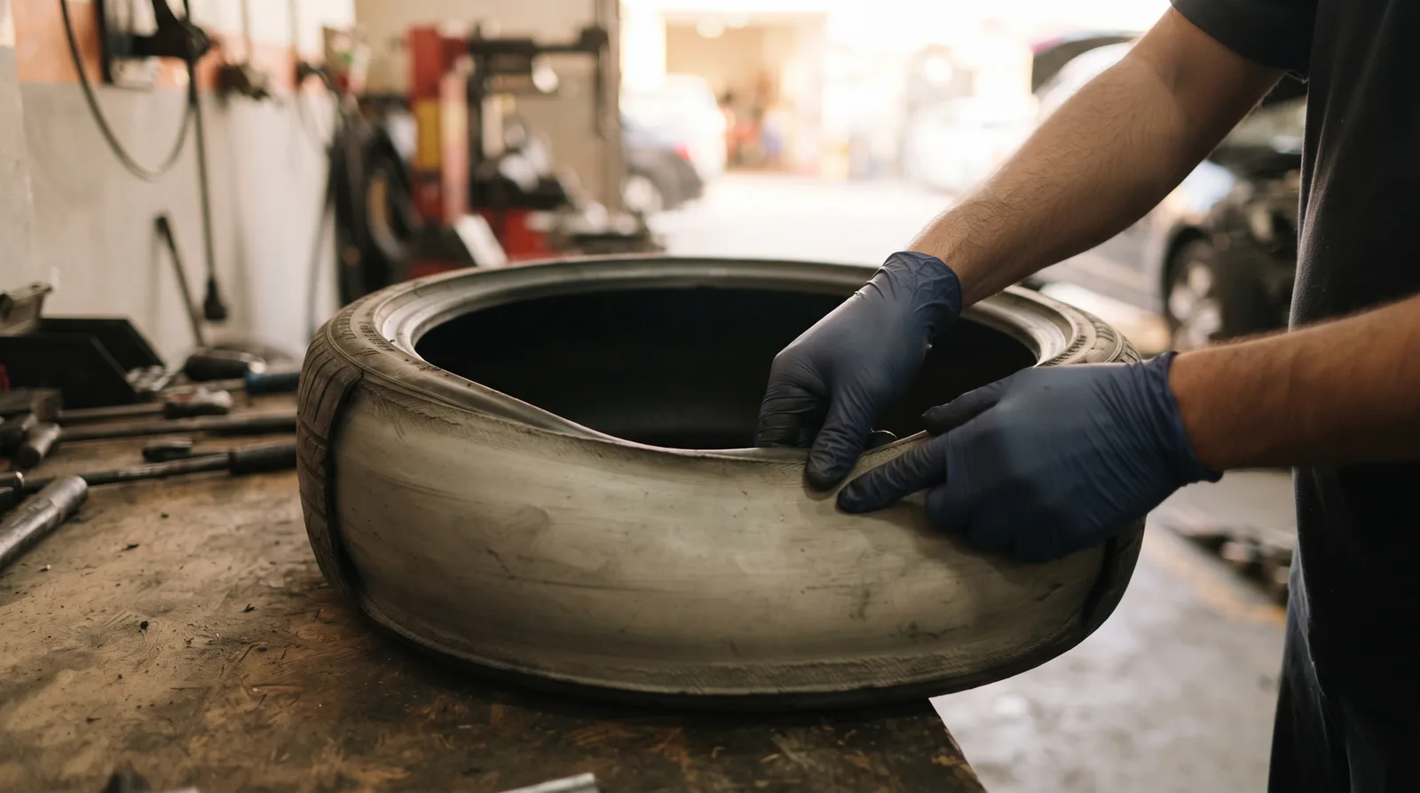 A technician inspecting the inner liner of a dismounted low-profile tyre on a workshop bench before deciding on a repair