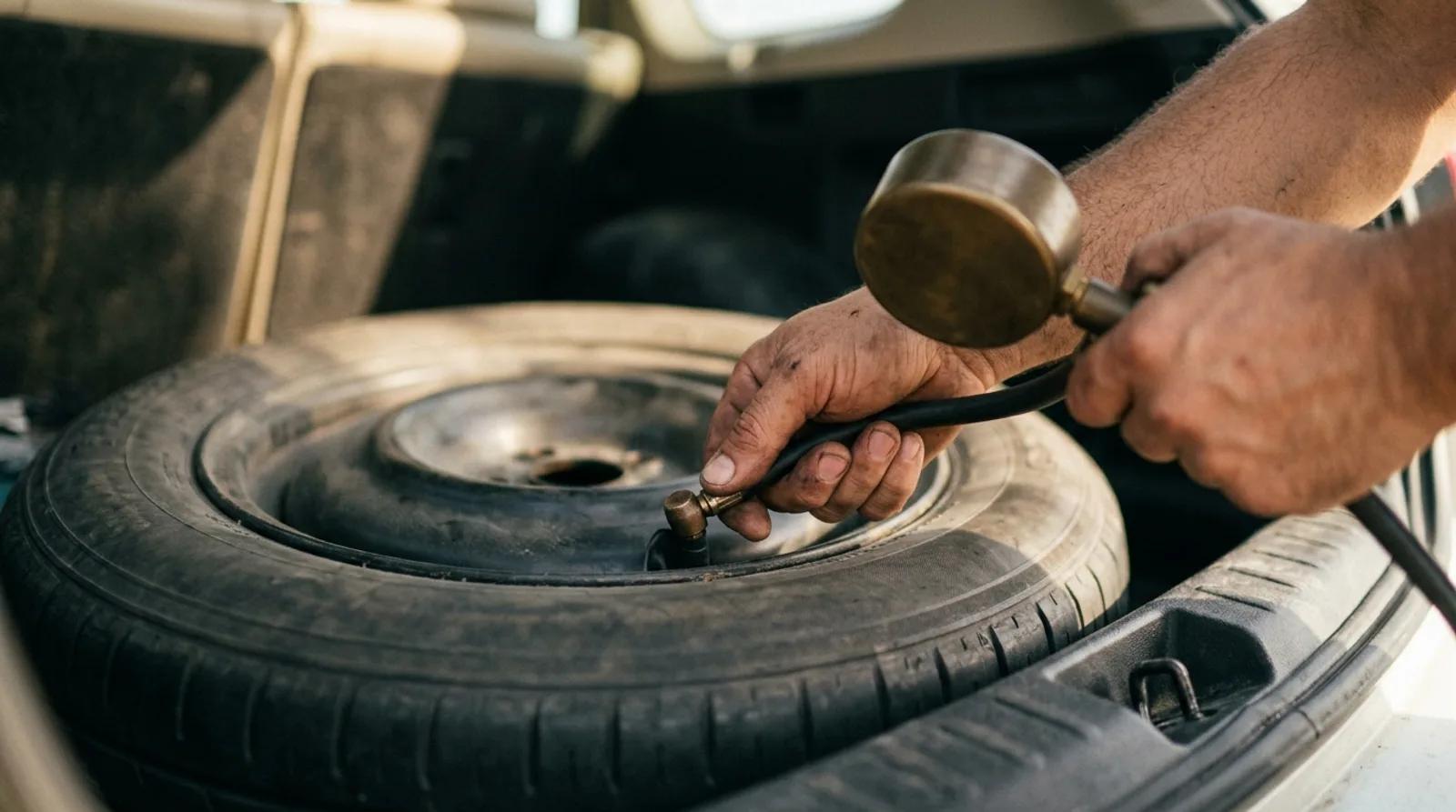 Hands pressing a tyre pressure gauge onto the valve of a spare wheel lying in an open boot well