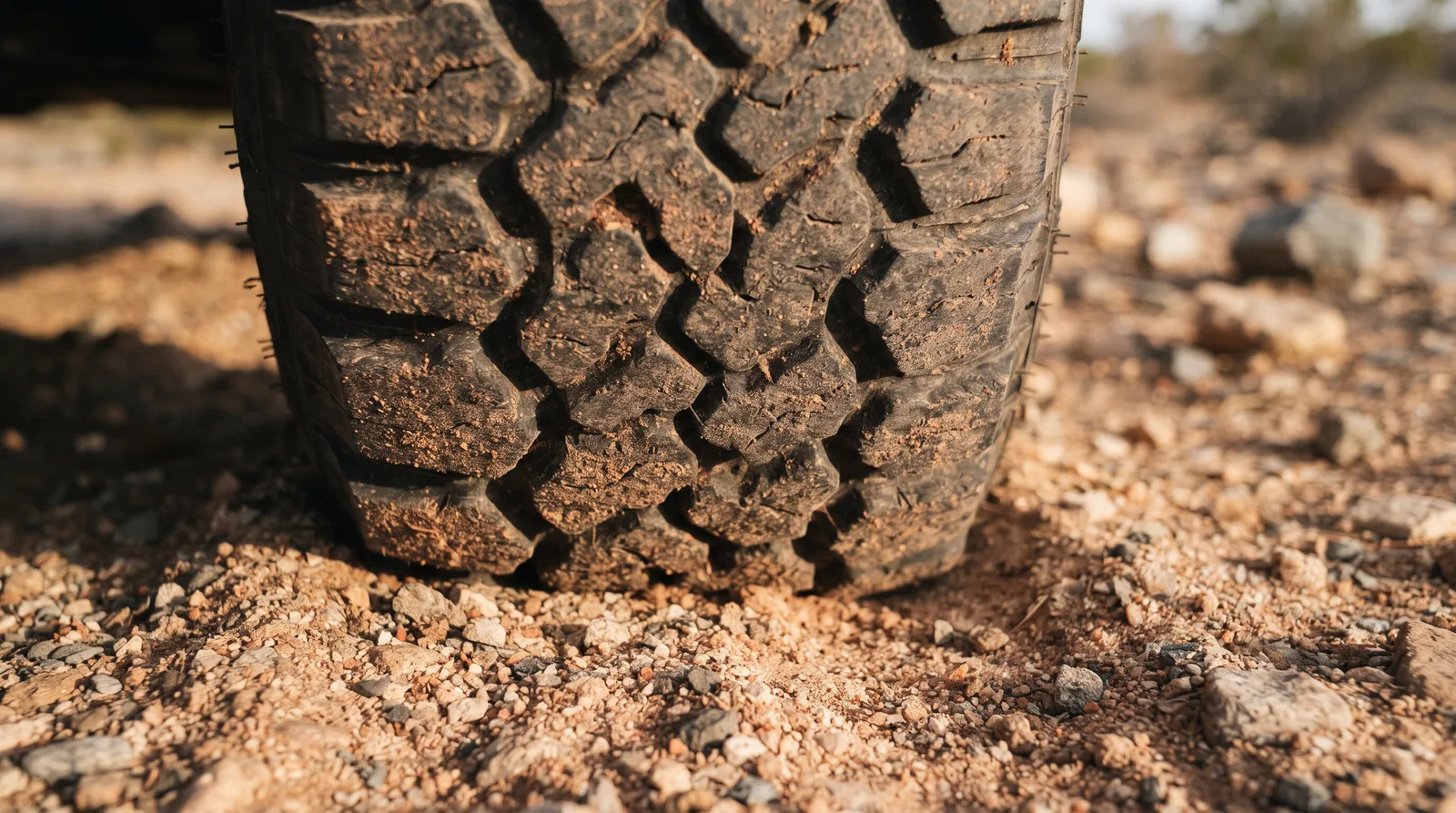 Close-up of a chunky off-road tyre tread on sand and gravel