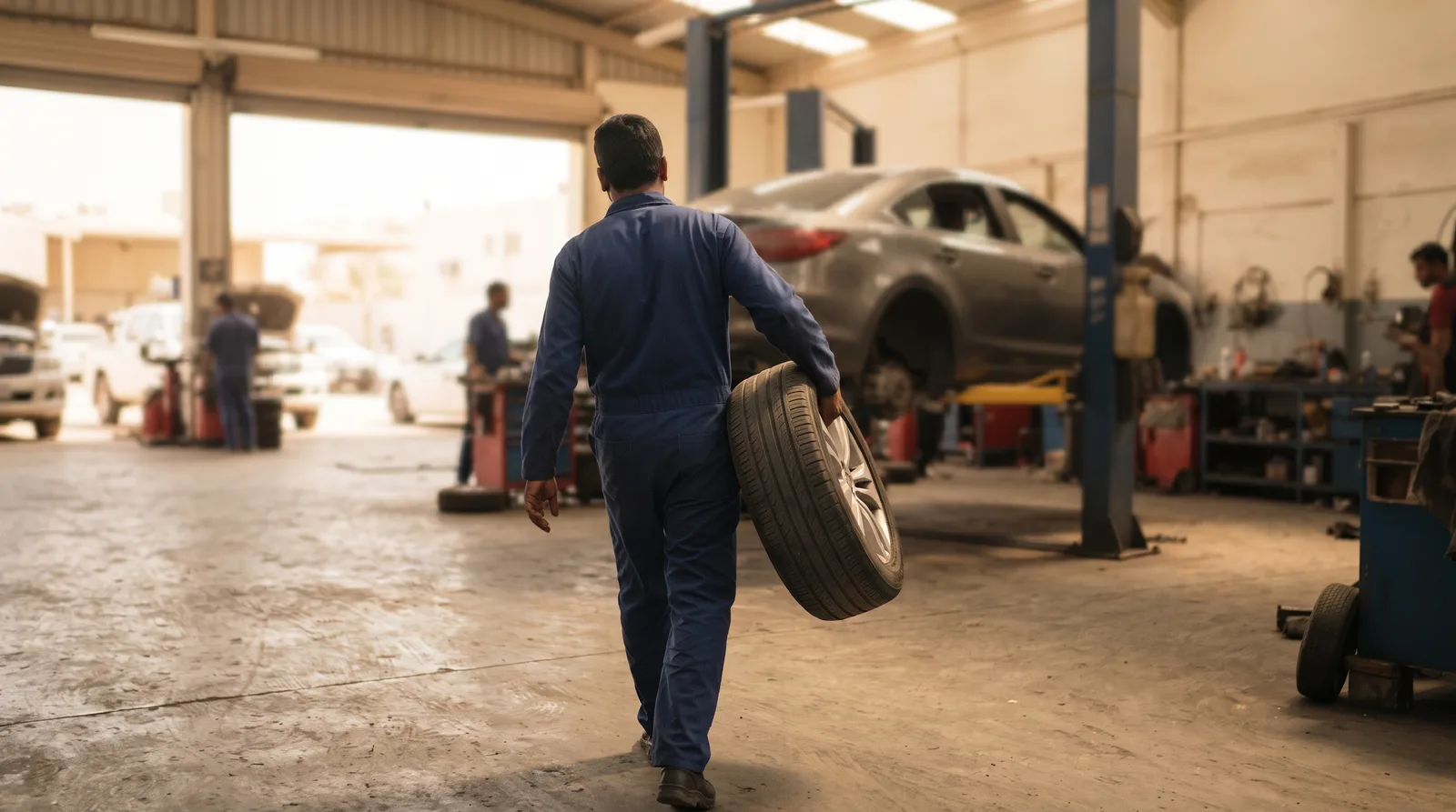 A technician carrying a wheel and tyre from the front of a car on a lift toward the rear during a tyre rotation