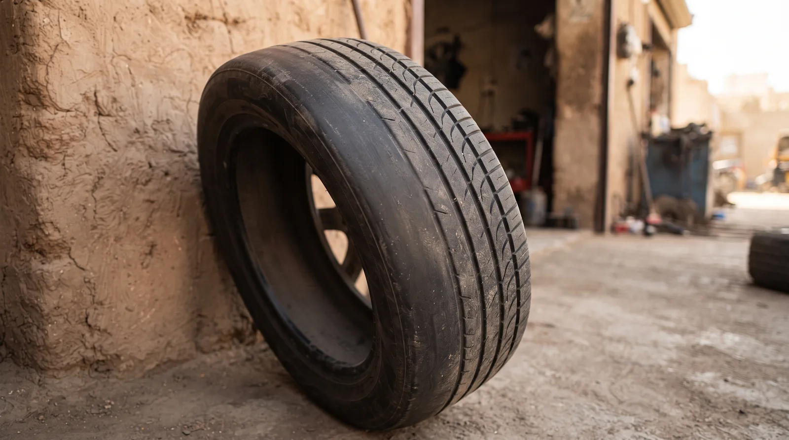Close-up of a car tyre worn heavily on one shoulder while the other shoulder still has deep grooves